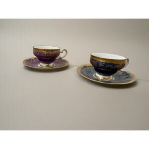 Weimar Germany Porcelain Cups & Saucers Katharina Purple Blue Gold Gilt Set READ